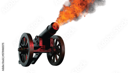 Black Cannon Firing Orange Flames and Grey Smoke Isolated on White Background 3 D Render