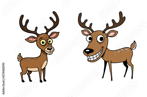 Playful cartoon reindeer pair, ideal for holiday designs, children's books or cheerful Christmas themes with a fun, expressive style.