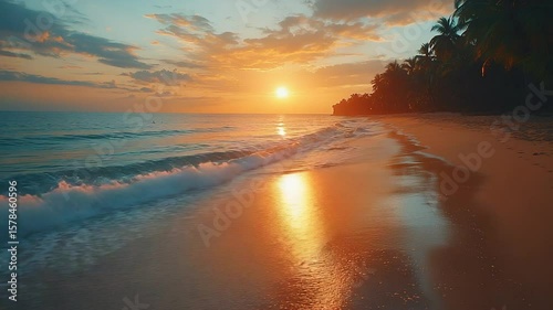 Tropical Sunset Paradise: Golden Hour Beach Waves & Palm Trees