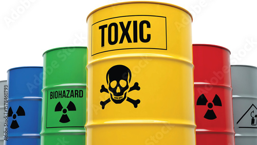 Row of Colorful Industrial Metal Barrels with Toxic Biohazard and Radioactive Symbols
