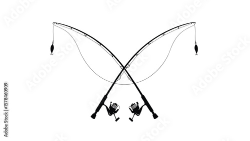 Two Black Silhouette Fishing Rods Crossed with Reels and Lures on White Background Simple Sport