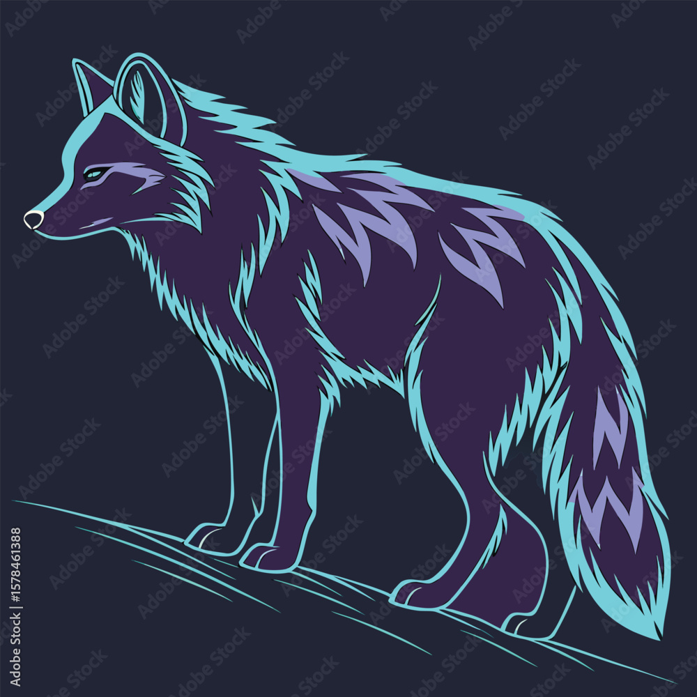 Fototapeta premium Illustration of a wolf standing with neon blue outline and purple accents on a dark background