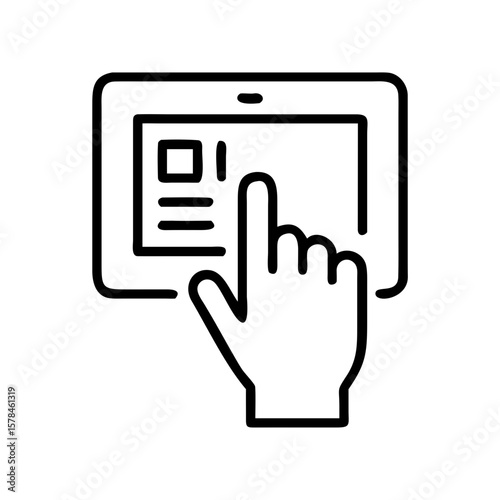 Hand touching a touchscreen tablet displaying interactive content  
