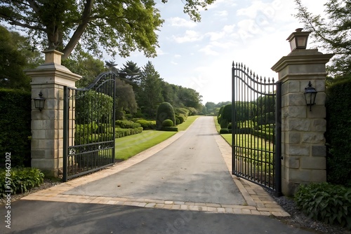 Elegant Black Metal Gate Entrance to a Luxurious Estate with Stone Pillars and Landscaped Driveway