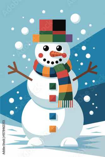 A cheerful snowman standing in a snowy landscape, wearing a colorful hat and scarf