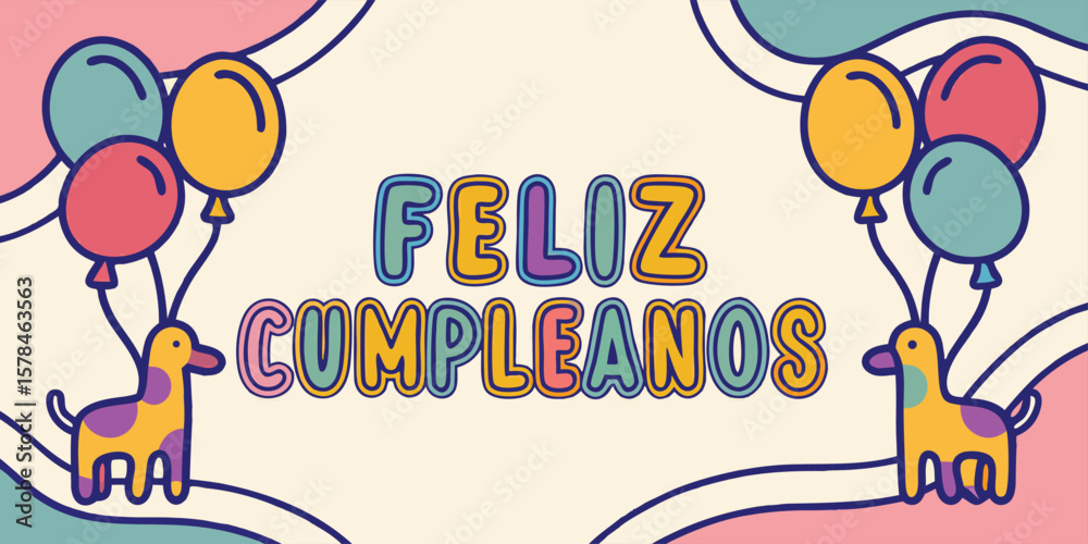 Fototapeta premium Festive giraffes with balloons and birthday greeting