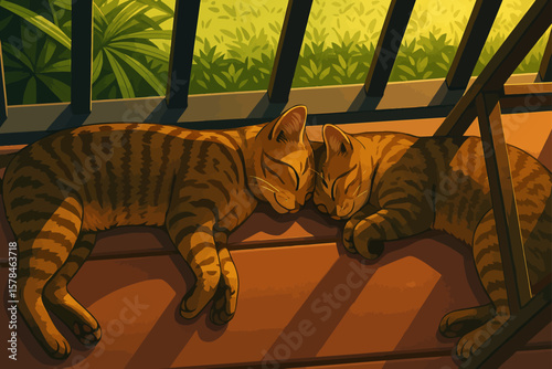 This is a digital illustration of two tabby cats peacefully sleeping side by side on a wooden floor, bathed in the warm glow of sunlight streaming through a railing. Their striped fur patterns and rel