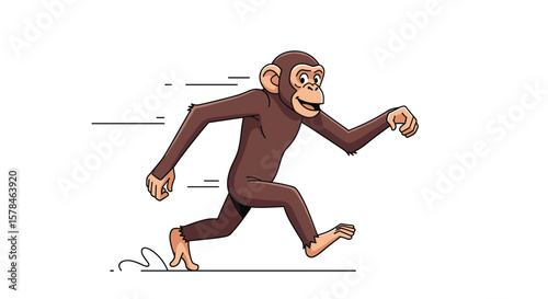 A cheerful chimpanzee runs at full speed with motion lines indicating rapid movement across a white background
