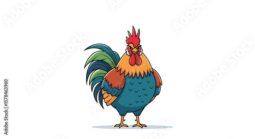 A proud and majestic rooster strutting confidently on a white background with a shadow