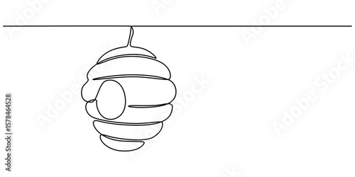 Beehive continuous one line art drawing, Continuous one line drawing of honeycomb. One line drawing illustration of hanging bee hive. Natural healthy food concept single line. Editable outline pro.