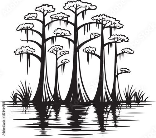 Cypress Trees in Swamp Water Illustration