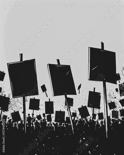 stark blackandwhite illustration of a crowd holding blank signs on empty protest boards