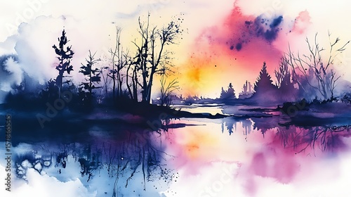 Watercolor lakeside sunrise scenic view