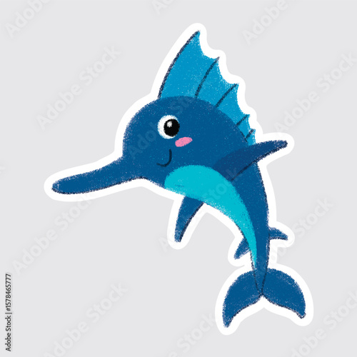 Swordfish Cute sea animals in crayon style for stickers, icons, logos, etc.