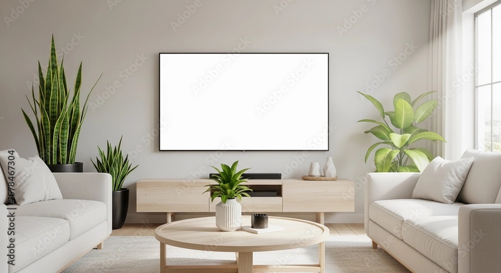 Modern Living Room Mockup with Large Blank TV Screen – Minimalist Interior with Sofa and Wooden Coffee Table
Modern Living Room Mockup with Large Blank TV Screen – Minimalist Interior with Sofa and Wooden Coffee Table