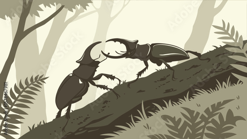 Two stag beetles clashing on a log surrounded by ferns and trees in a muted color palette scene
