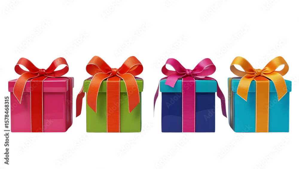 Colorful gift boxes with ribbons arranged from isolated on transparent background png cut out Colorful gift boxes with ribbons arranged from isolated on transparent background png cut out