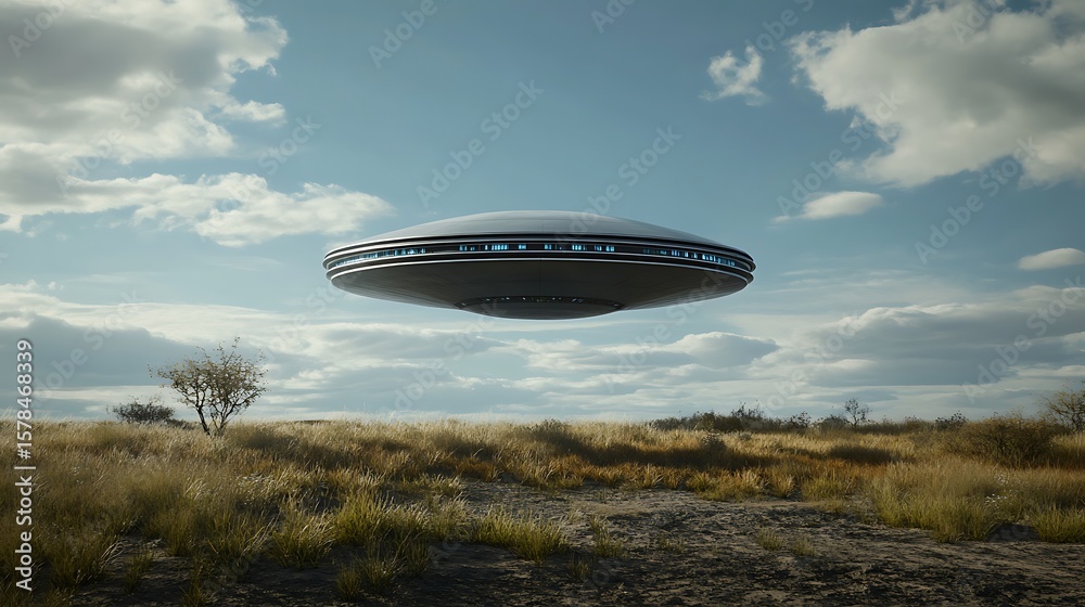 Fototapeta premium Ufo hovering over grassy landscape
