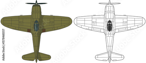 Set P-47 thunderbolt military aircraft design in line art and colored style from top view. Vector illustrations colorful fighter jet. Outline drawing vintage combat aircraft from world war II.