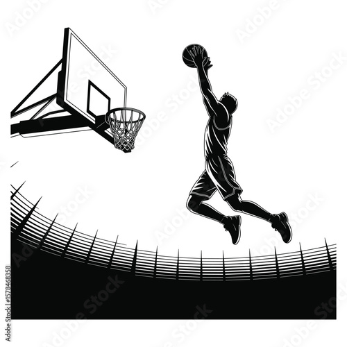 A Basketball hoop and player silhouettes set against a white background