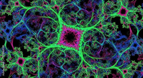 A psychedelic abstract featuring swirling, interconnected fractal patterns in vivid neon green, blue, and pink against a dark background.