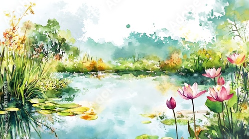 Watercolor painting of a peaceful pond