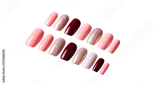 Press-On Nail Set, Pink and Burgundy Nails, Glitter Press-Ons, False Nails Kit, Manicure Collection