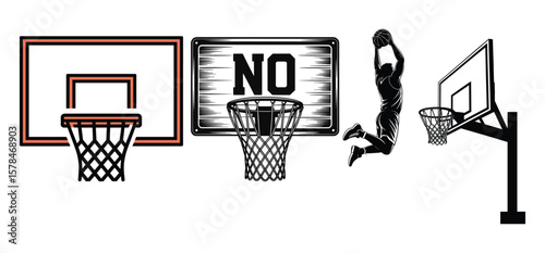 A Basketball hoop and player silhouettes set against a white background