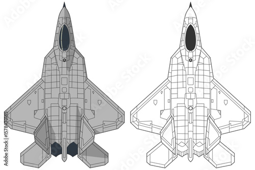 Set F-22 military aircraft design in lineart and colored style from top view. Vector illustrations colorful F-22 hornets fighter jet. Outline drawing united states modern combat aeroplane F22.