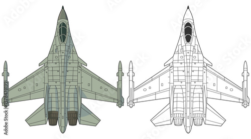 Set sukhoi su-37 military aircraft design in line art and colored style from top view. Vector illustrations colorful su-37 fighter jet. Outline drawing russia modern combat aeroplane.