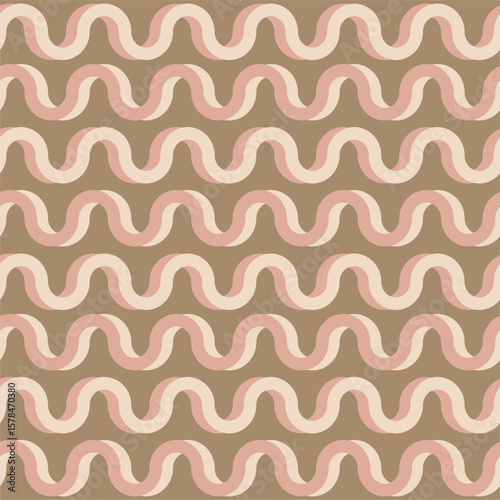 seamless abstract pattern, vintage pink and cream wavy stripes pattern on brown background - retro vector illustration