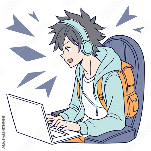 Stylized illustration of a young man with spiky dark gray hair sitting down possibly a character design or avatar with a cat illustration element incorporated
