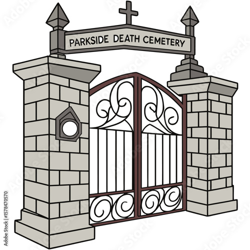 Imposing ornate cemetery gate vector design featuring intricate ironwork details a grand entrance and a somber gothic aesthetic suitable for memorial designs historical illustrations or