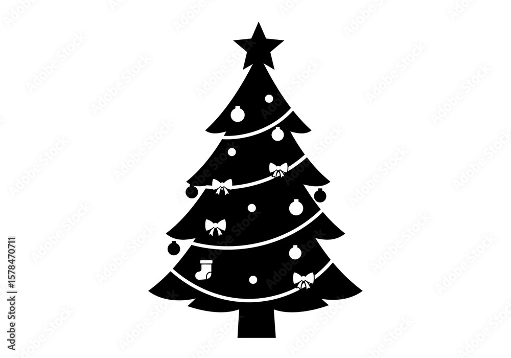 Fototapeta premium Black christmas tree silhouette with star, ornaments, bows, and stocking isolated on white background