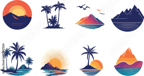 Tropical Island Landscape Vector Set with Palm Trees and Mountains