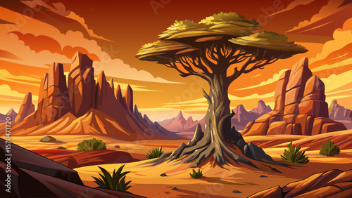 Single isolated tree standing in vast Sahara Desert during sandstorm. Harsh environment, dry sandy terrain, survival concept, dramatic sky. Iconic desert landscape scene