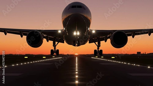 Airplane Landing on Runway at Sunset, Preparing for Landing at Golden Hour with Illuminated Runway Lights
