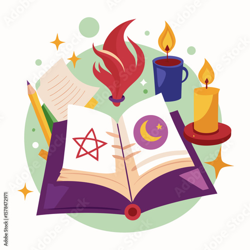 Mystical open spell book illuminated by flickering candles and surrounded by magical symbols