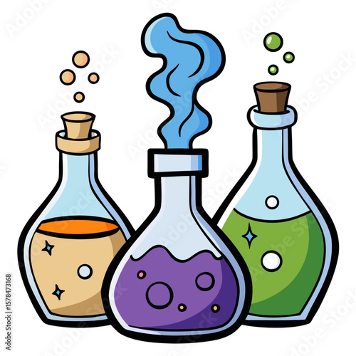 Collection of mystical potion bottles with swirling smoke and magical effects