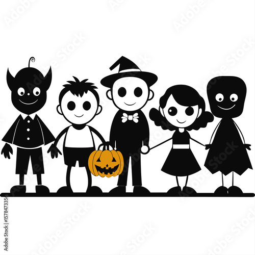 Children in halloween costumes lined up for trick or treating presented as black silhouettes