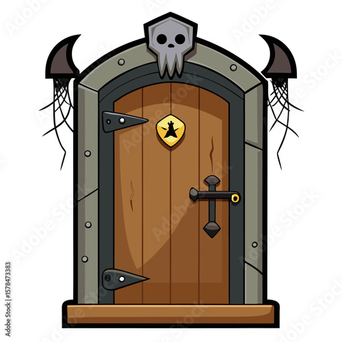 Creepy haunted doorway with a dangling skeleton and distressed wood texture