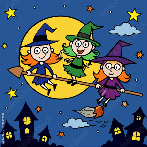 Silhouette of witches flying on broomsticks against a starry night sky