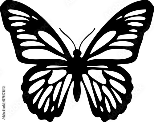 Black silhouette of a decorative butterfly with symmetrical wings. Ideal for papercut crafts, tattoos, graphic design, and nature-themed projects.