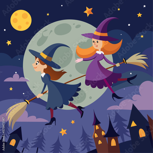 Silhouette of witches flying on broomsticks against a starry night sky