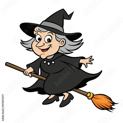 Mysterious witch soaring through the night sky on a detailed broomstick