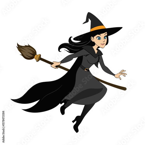 Mystical witch soaring through the night sky on a detailed broomstick with a flowing cloak