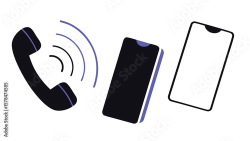 Phone communication icons with ringing handset and smartphone in modern minimal flat style illustration
