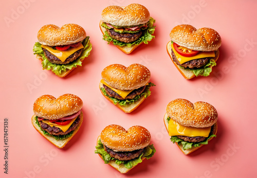 Wallpaper Mural many heart shaped burgers seen from above on a pink pastel background, valentine's day ad wallpaper Torontodigital.ca