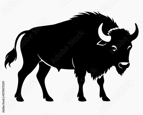 A strong bison black silhouette stands proudly on a white background.