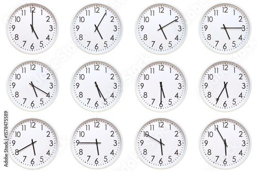 A set of 12 white analog wall clocks showing each hour from 05:00 to 05:55 or 17:00 to 17:55. Isolated on white background, suitable for time concept.